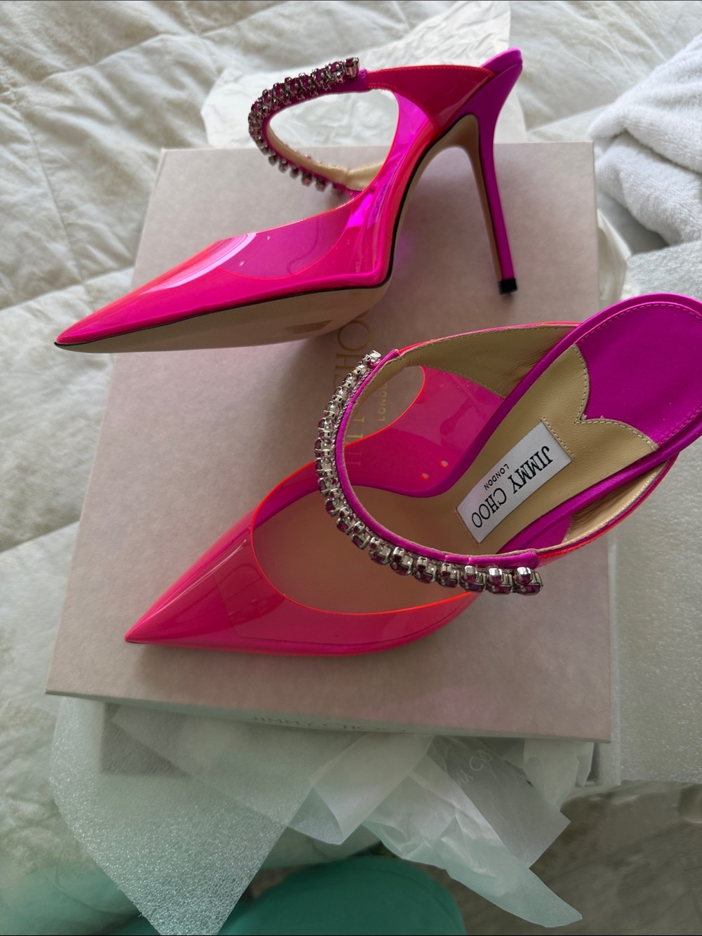 Jimmy Choo Fuchsia Patent Slingback Heels with Crystal Strap - Picture 4 of 4